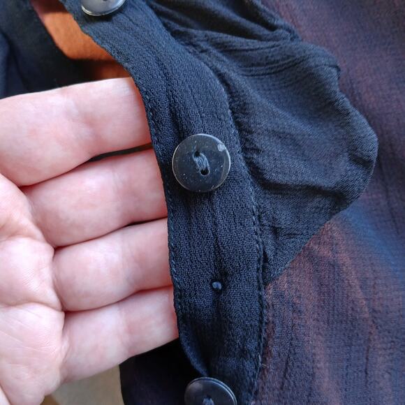 Vintage 1990s Phool Ruffle Collar Blouse M sheer black button up orange lining - Picture 13 of 15